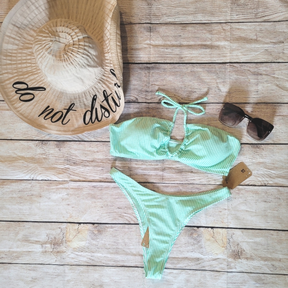 Sexy High Waist Bandeau Mint Striped Bikini✨️ - Picture 8 of 12